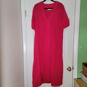 Lake  Womens Cotton‎ Gauze Caftan Midi Dress Heatwave Pink Elbow Sleeve Sz M EUC
